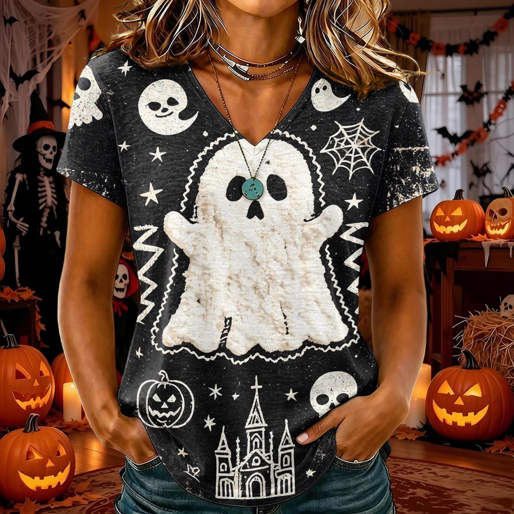 T-shirt d'Halloween pour femme à col en V et manches courtes, Haut décontracté élégant et confortable