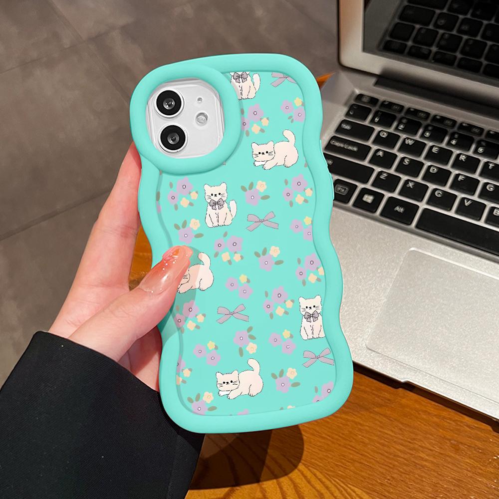 For Infinix Hot 40i 30i Smart 8 OPPO A18 A38 A58 A60 A78 Reno12 FS Vivo Y18 Y28 Y36 Y22s Y17s Soft Wave Edge Cute Flower Kitty Pattern Phone Case