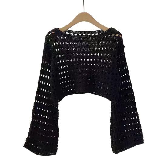 

Sun Protection Cover-up Round Neck Extra Long Sleeves Soft Stretchy Sunscreen Pullover Tops Pure Color Hollow Design Short Knitting Tops чёрный