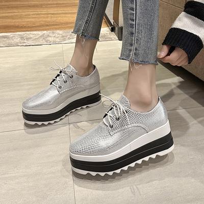 Zilver PU Leer Dames Brogues Schoenen Plus Size Vierkante Neus Platform Platte Schoenen Vrouw Veters Hoogte Verhogende Casual Schoenen 43