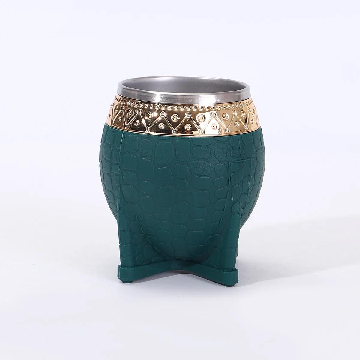 

1Pc Stainless Steel Double-layer Paraguay Water Cup With Straw Turtle Shell Texture Eggshell Cup Leather Texture Eggshell Cup 260ml