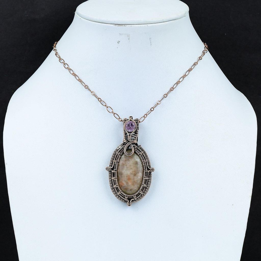 Sunstone & Kunzite Gemstone Handmade Pure Copper Wire Wrapped Pendant Jewelry For Thanksgiving