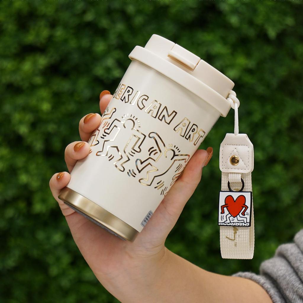 GERM X Keith Haring Coffee Tumbler 390ml Vacuum Insulated Mug Made of 316 Stainless with Lid and Keeps Warm and Dishwasher Great Gift Steel,
