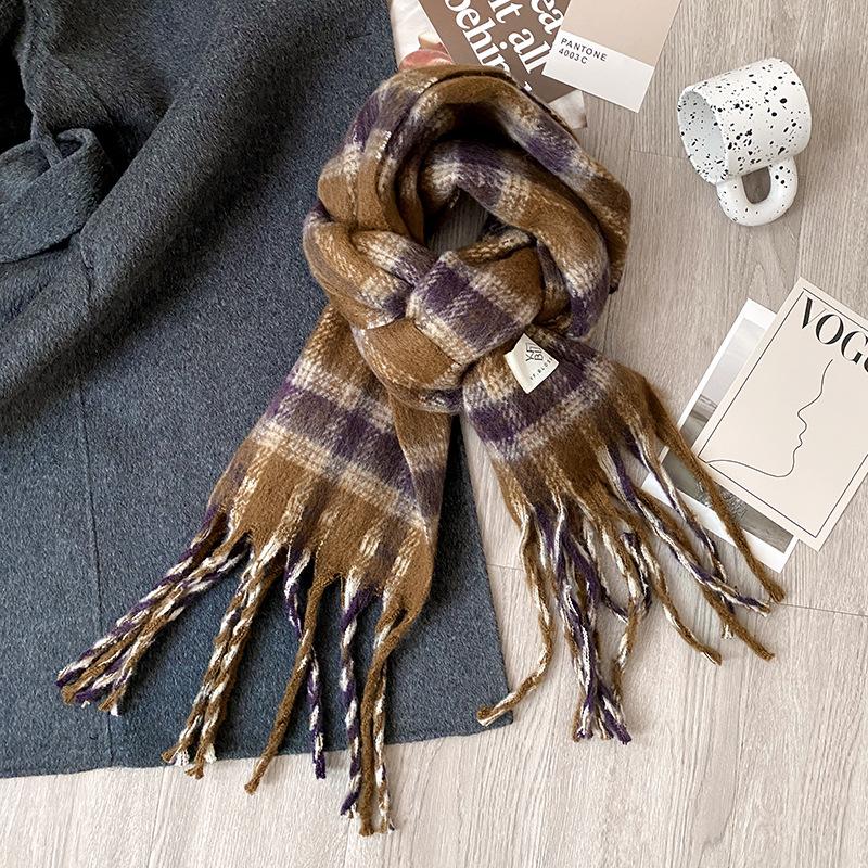 High End Plaid Scarf for Women In Winter New Style Mohair Plaid Shawl Versatile Thickened Warm Scarf Korean