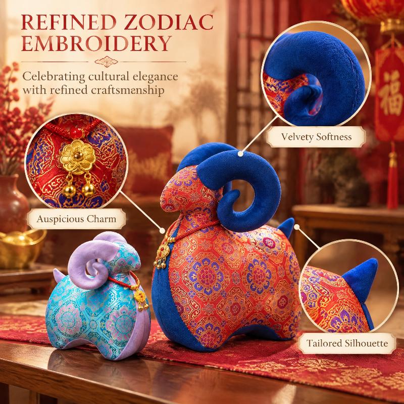 1Pcs Chinese Zodiac Sheep Mascot Plush Doll Traditional Jacquard Fabric Ornament Festive Lucky Sheep Stuffed Toy For Home Decor
