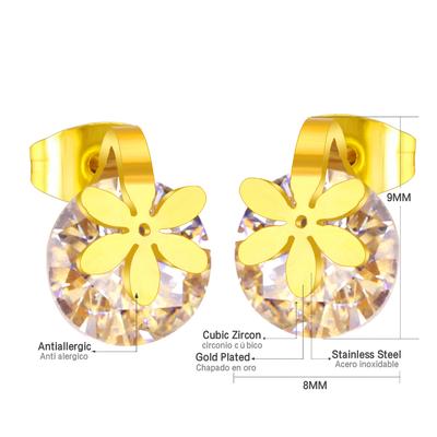 Shiny Crystal Zirconia Stud Earrings Titanium Steel Gold PVD Plated Flower Charm Ears Piercing for Woman Dancing Party Accessory