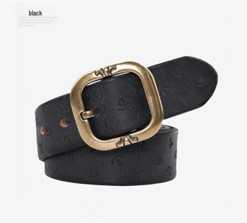 Unisex Handmade Retro Genuine Leather Belt with Solid Copper Pin Buckle