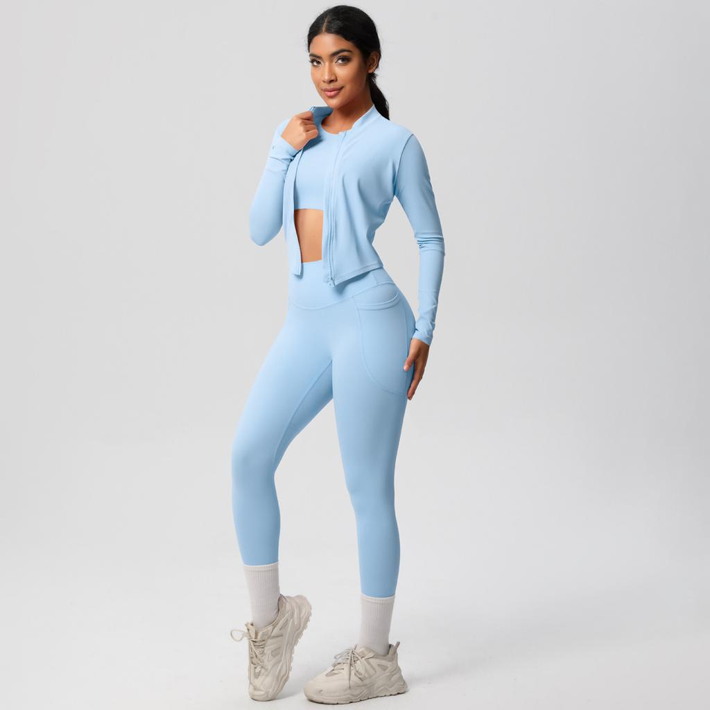 High Waisted, Hip Lifting, Tight Fitting, Quick Drying Yoga Suit Set, Cloud Inspired Running And Fitness Sportswear Three Piece Set For Women