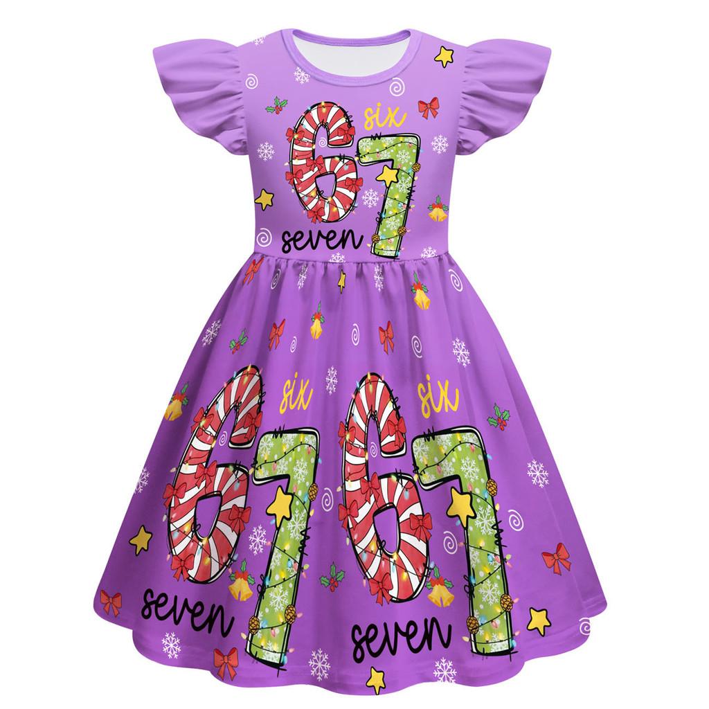 82836 Kinder Mädchen Weihnachten Steal a Brainrot 67 Six Seven Print Rüschen Ärmellos Prinzessinnenkleid