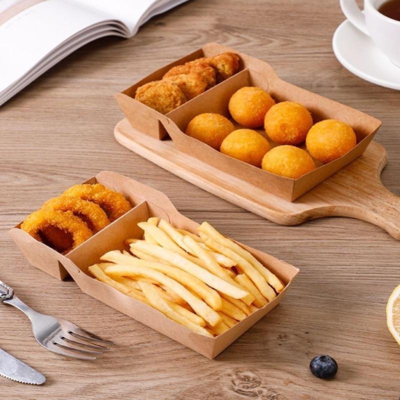 50 Stück Einweg Kraftpapier Lebensmittel Serviertablett Zwei Fächer Snack Pommes Hähnchen Salat Karton Zum Mitnehmen Behälter für Party