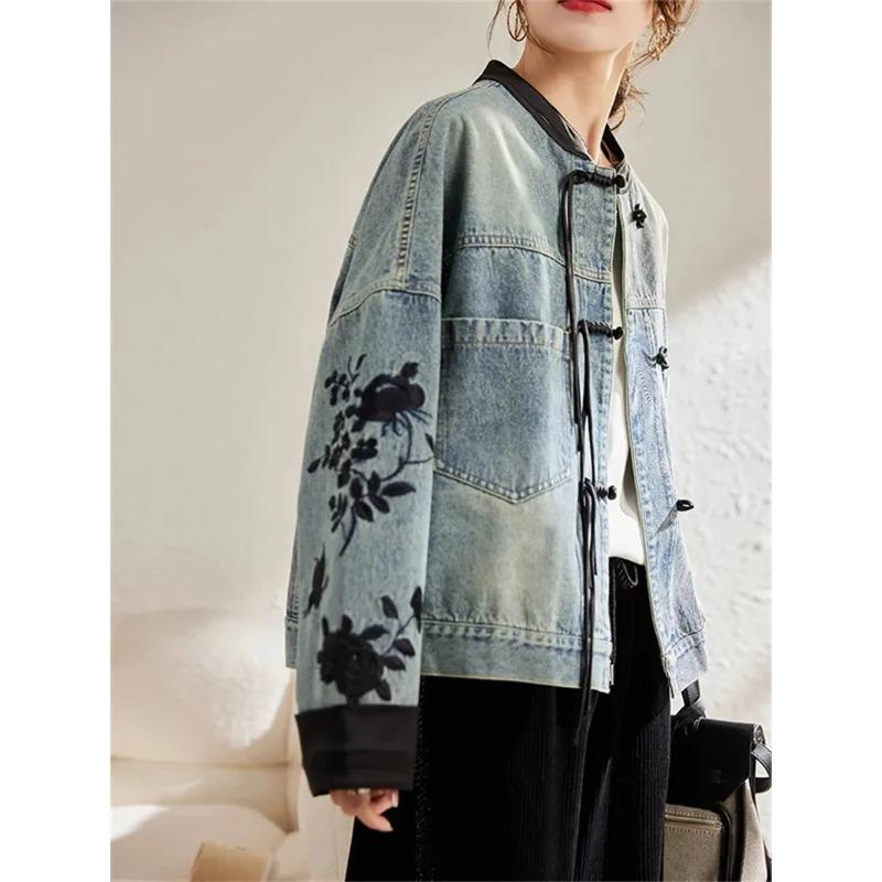Veste en jean pour femme Printemps Automne Brodé Style Chinois Mode Polyvalente Vêtements en jean Haut de gamme pour femme