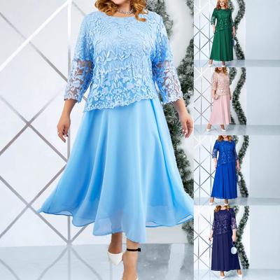 New Large-size Women's Clothing Water-soluble Embroidered Dress European, American, Lace Chiffon Dress
