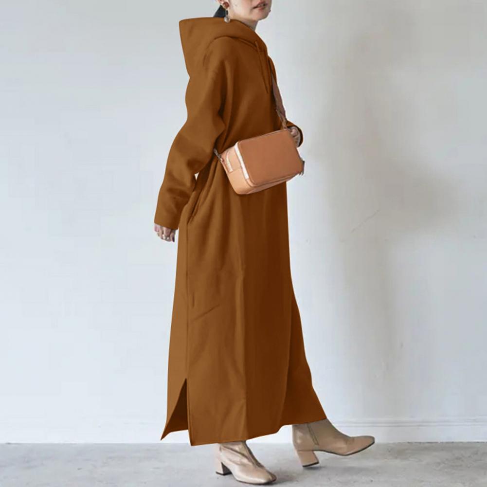Women Sweatshirt Dress Drawstring Long Sleeve Side Split Hem Pullover Dress Thickened Fleece Lining Hooded Maxi Dress