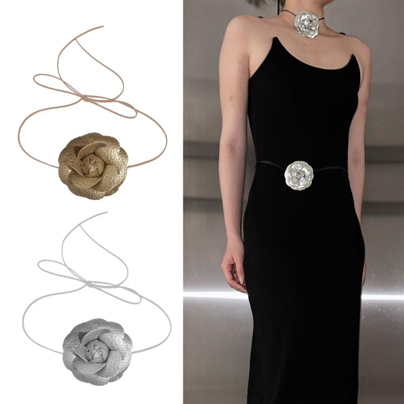 Vintage Flüssigmetall Blume Choker Halskette Langer Spitzenkragen Choker Temperament Halsband Schmuck Schlüsselbeinkette Halskette