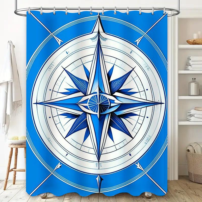 Retro Compass Shower Curtain Nautical Blue White Decor for Bathroom High-Quality Fabric Waterproof Bath Mat Set by TaurusDuan