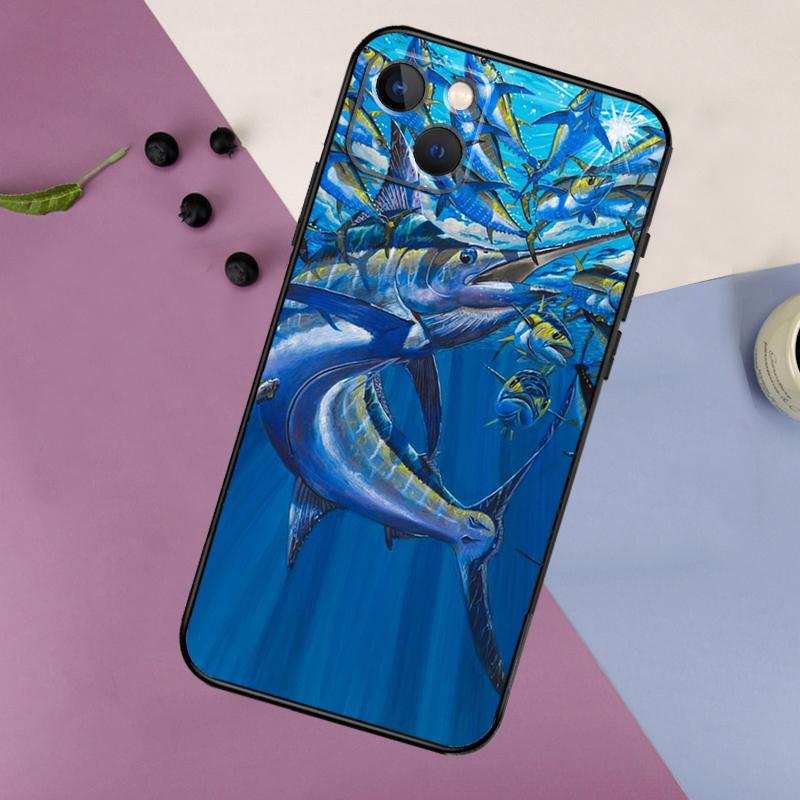 Blue Marlin Painting Case For iPhone 16 15 14 13 12 11 Pro Max Plus X XS Max XR 7 8 Cover Accessories