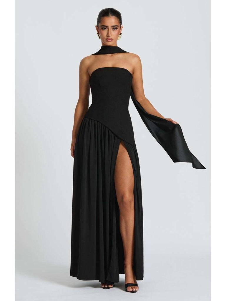 Chique Strapless Effen Kleur Maxi Jurk – Sexy Backless Design met Hoge Split