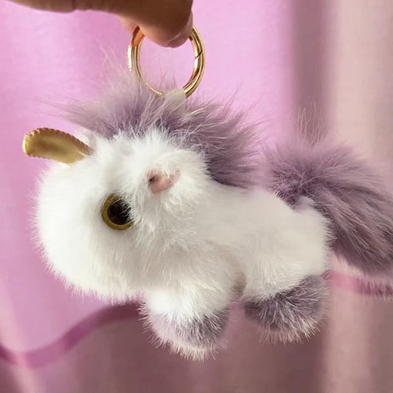 Adorable Faux Mink Fur Unicorn Keychain Pendant - Plush Pony Bag Charm Gift for Girls