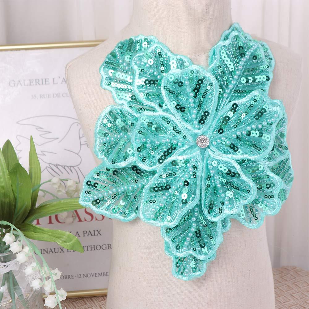 DIY Clothing Brooch Flower Multi-layer Appliques Embroidered Sequin Clothing Patches 3D Large Size Clothing Applique Women зелёный