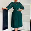 C8595  Women's Solid Color Lace Crochet Pleated Dress