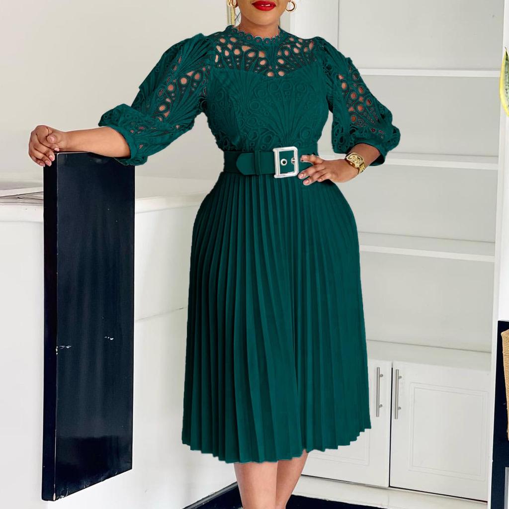 C8595 Women's Solid Color Lace Crochet Pleated Dress