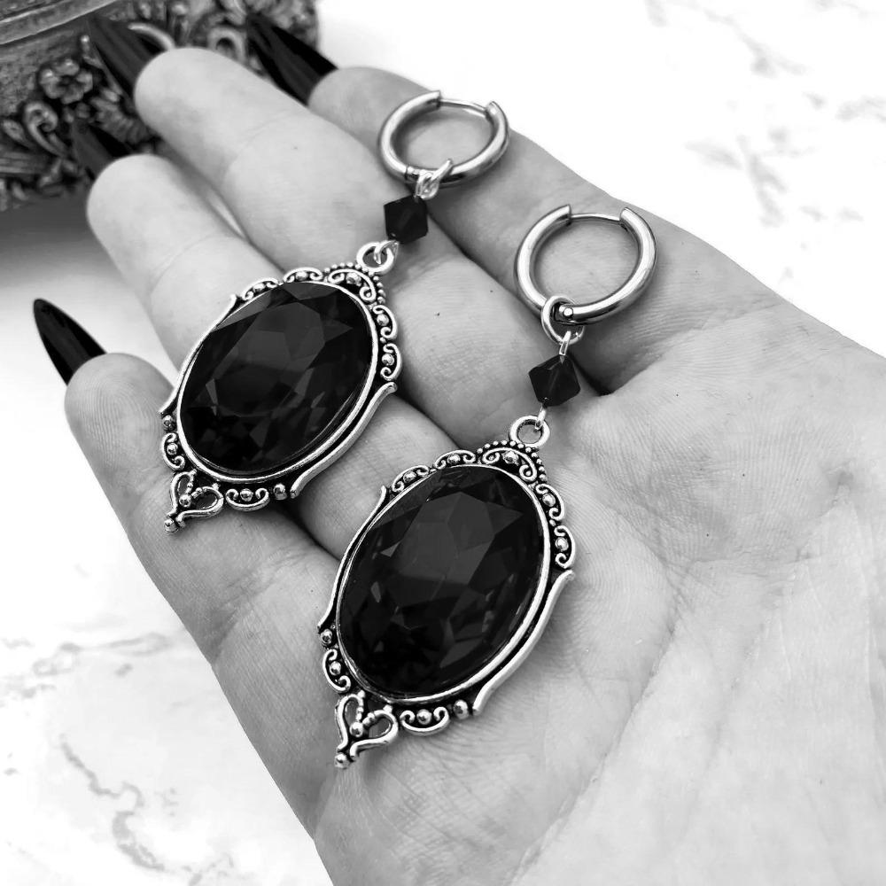 Victorian Gothic Geometry Multi-faceted Oval Black Red Crystal Hoop Earrings for Women Halloween Charm Jewelry Accessories Gift