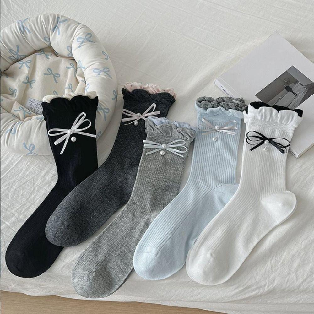 5Pairs Ins Style Bowknot Pearl Socks Thin Sweet Socks Women Soft Mid Tube Socks  Lady