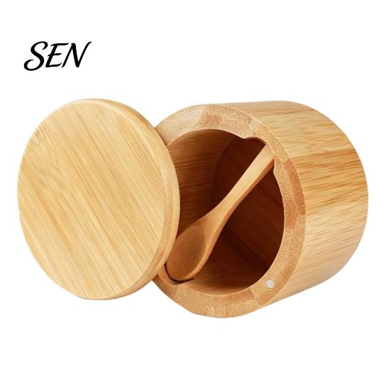 Decorative Wood Spice Keeper Salt Container with Swivel Magnetic Lid, Built-in Spoon Seasoning Lid Condiment Holder Jar, Moisture Proof for