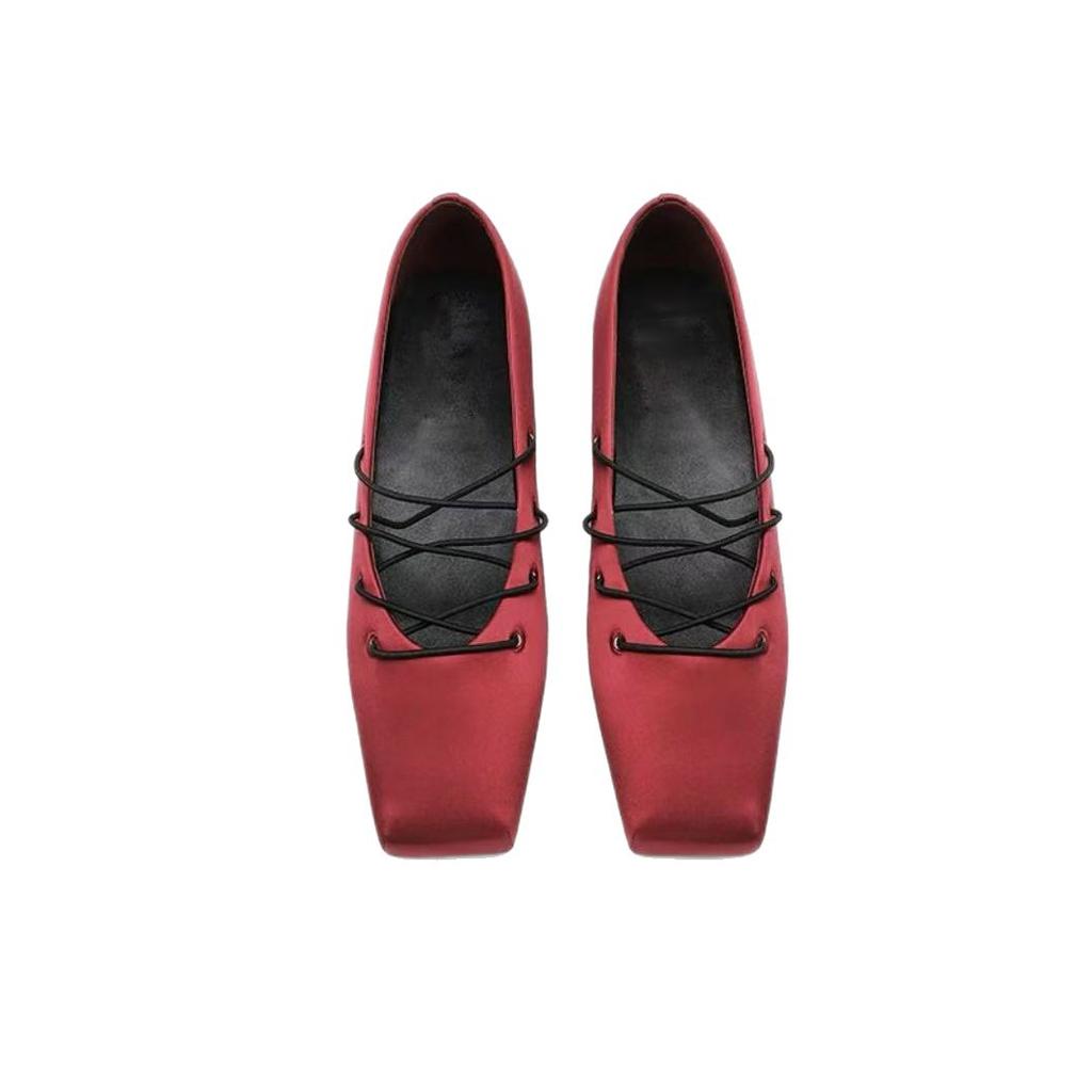 Sheepskin Version of Grape Mother Noble Satin Temperament Square Head Cross Belt Flat Bottom Shallow Mouth Mary Jane Single Shoes Women's Ballet Shoes