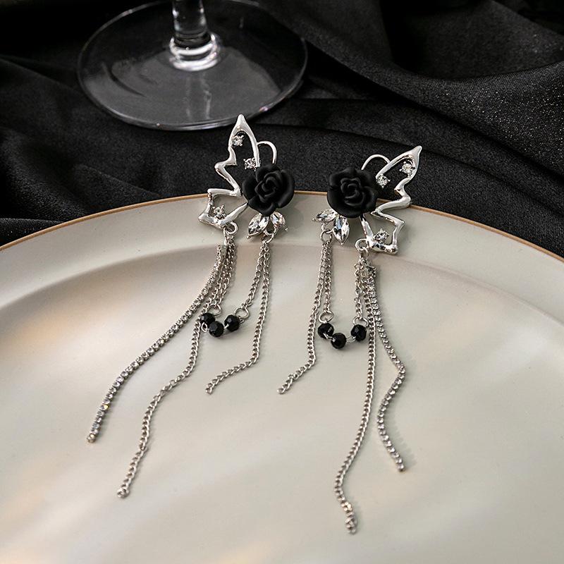 Elegant Butterfly Tassel Chain Non-Pierced Rose Ear Clip Earrings