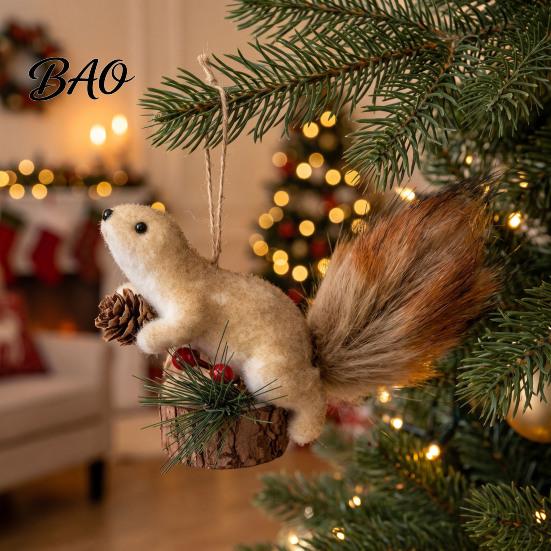 Realistic Squirrel for Home Decor Christmas Ornaments Tree, Cute Felt Plush Woodland with Pine Fluffy Figurine Cone, Hanging Forest Animal Decoration