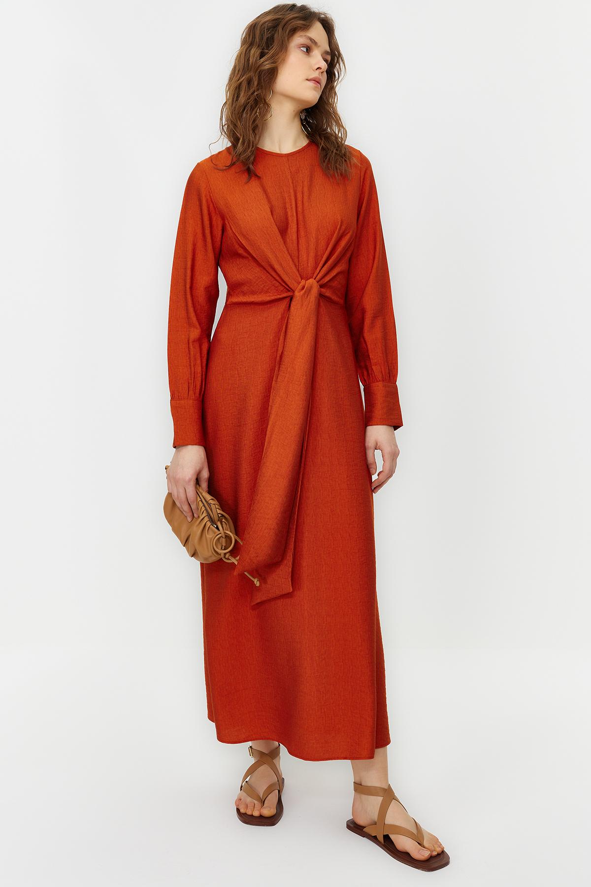 

Женское модное новое тканое платье в стиле хиджаба с завязками на талии и детальной отделкой S хаки