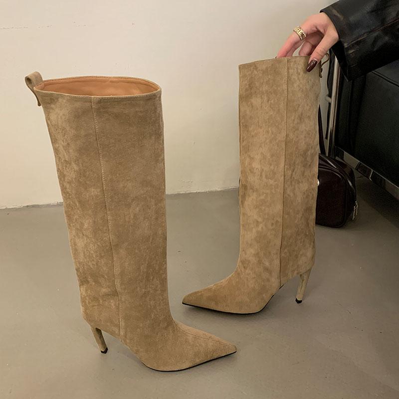Móda Móda Tenké Podpatky Obuv Párty Dámské Nad Koleno Moderní Kozačky Dámské Špičaté Semišové Dámské Dlouhé Kozačky Nazouvací Boty Lodičky