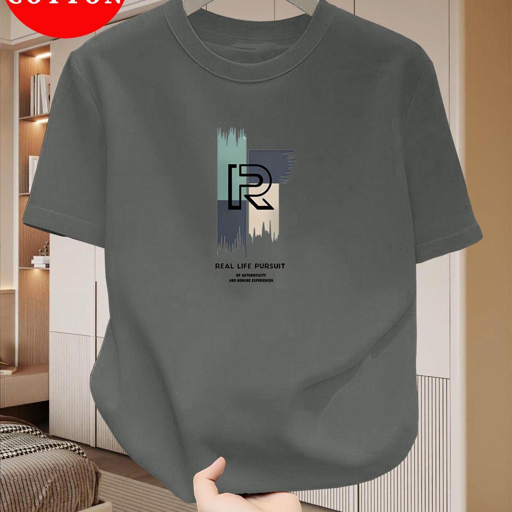 Men's 100% Pure Cotton Casual Loose Modern Abstract Letter Printed Round Neck Short Sleeved T-shirt Top