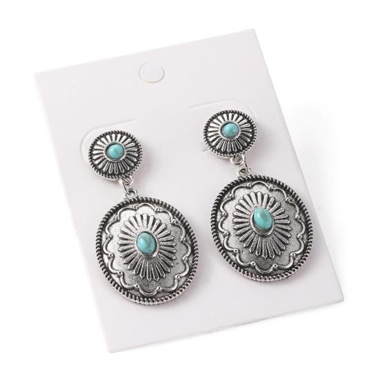 1 Pair Women Dangle Earrings Ethnic Round Shape Retro Bohemian Style Faux Turquoise Stainless Alloy