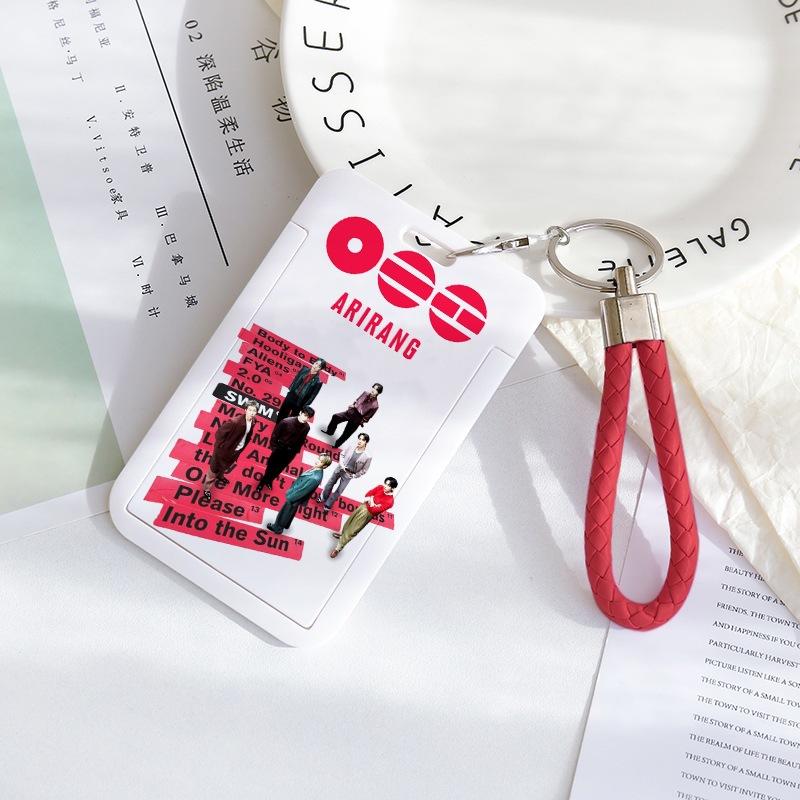 BTS Sliding Photocard Holder, Protective ID Badge Card Case with Braided Keychain Strap, Student Campus Bus Meal Card Protector Merch for ARMY