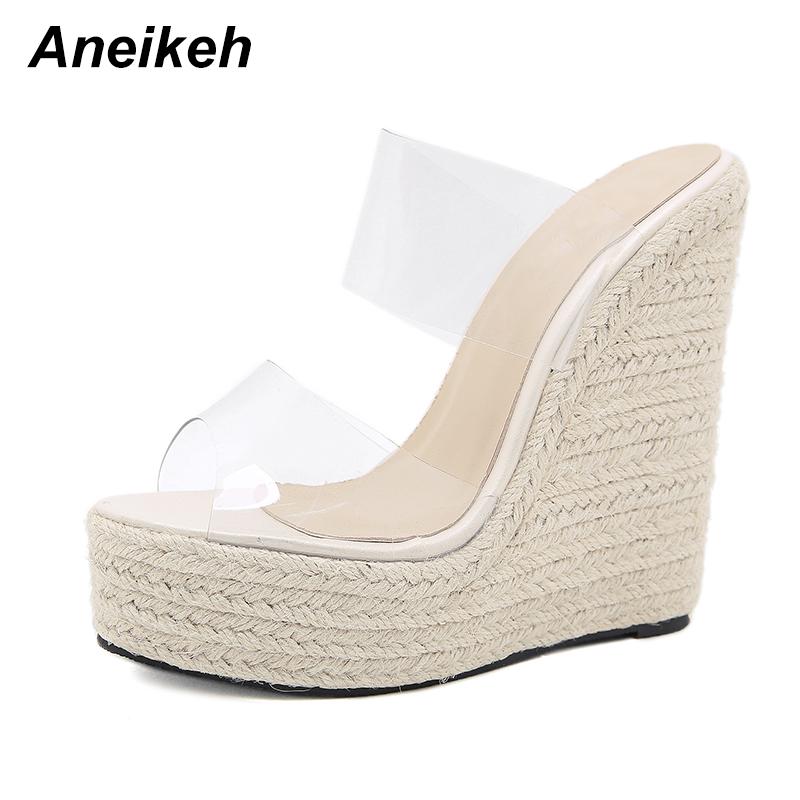 Aneikeh Zomer Dames Schoenen Slippers Slides PVC Beknopt Platform Sleehakken Instappers Feest Ronde Neus Maat 35-42 Wit 37 white