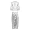 Kids Girls Dance Performance Outfit 2-Piece Set: Metallic Shiny Long Sleeve T-shirt & Matching Shiny Pants for Stage & Party