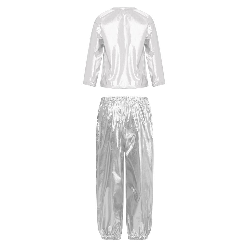 Kids Girls Dance Performance Outfit 2-Piece Set: Metallic Shiny Long Sleeve T-shirt & Matching Shiny Pants for Stage & Party