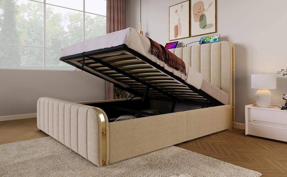 Double Bed, Upholstered Headboard, Golden Decorative Stripes, USB Type-C Charging, 140*200 cm, Beige Linen, Hydraulic Storage, 181 kg (With Mattress)