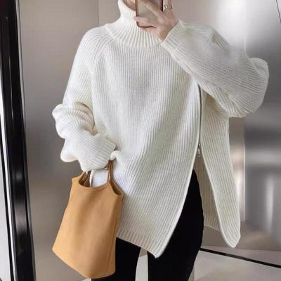 Autumn Winter Women's Solid Color Knitted Sweater Zipper Split Female Long Sleeve Turtleneck Loose Pullover