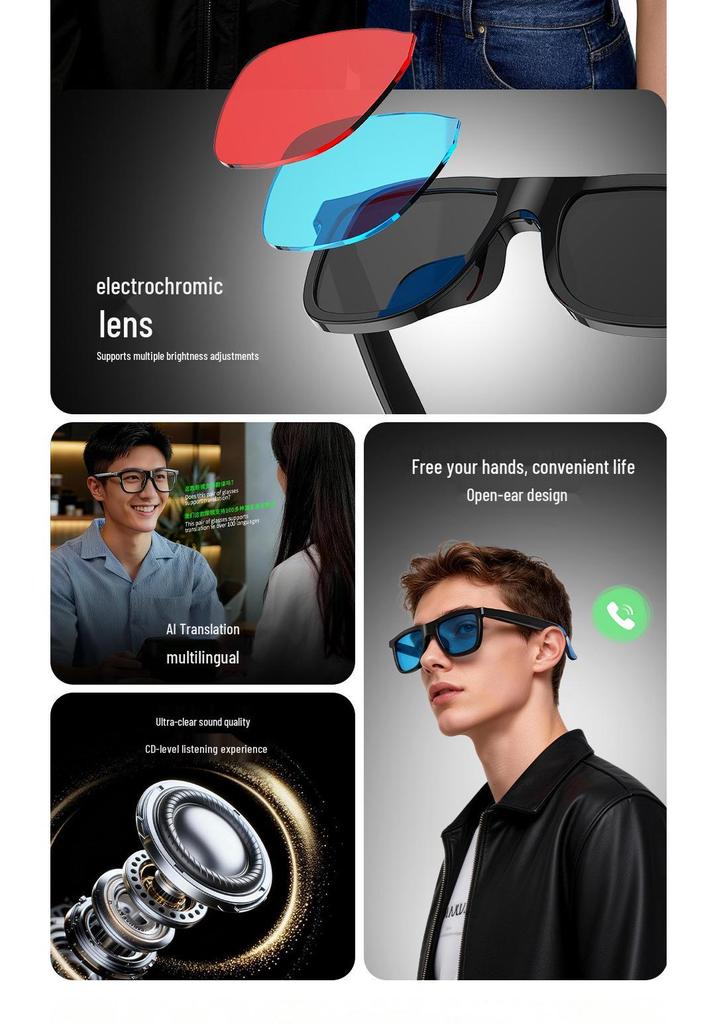 E05C Smart Glasses: 4-Speed Touch, Color Change, AI Voice Wake-up, Bluetooth Calls & Music, Noise Reduction.