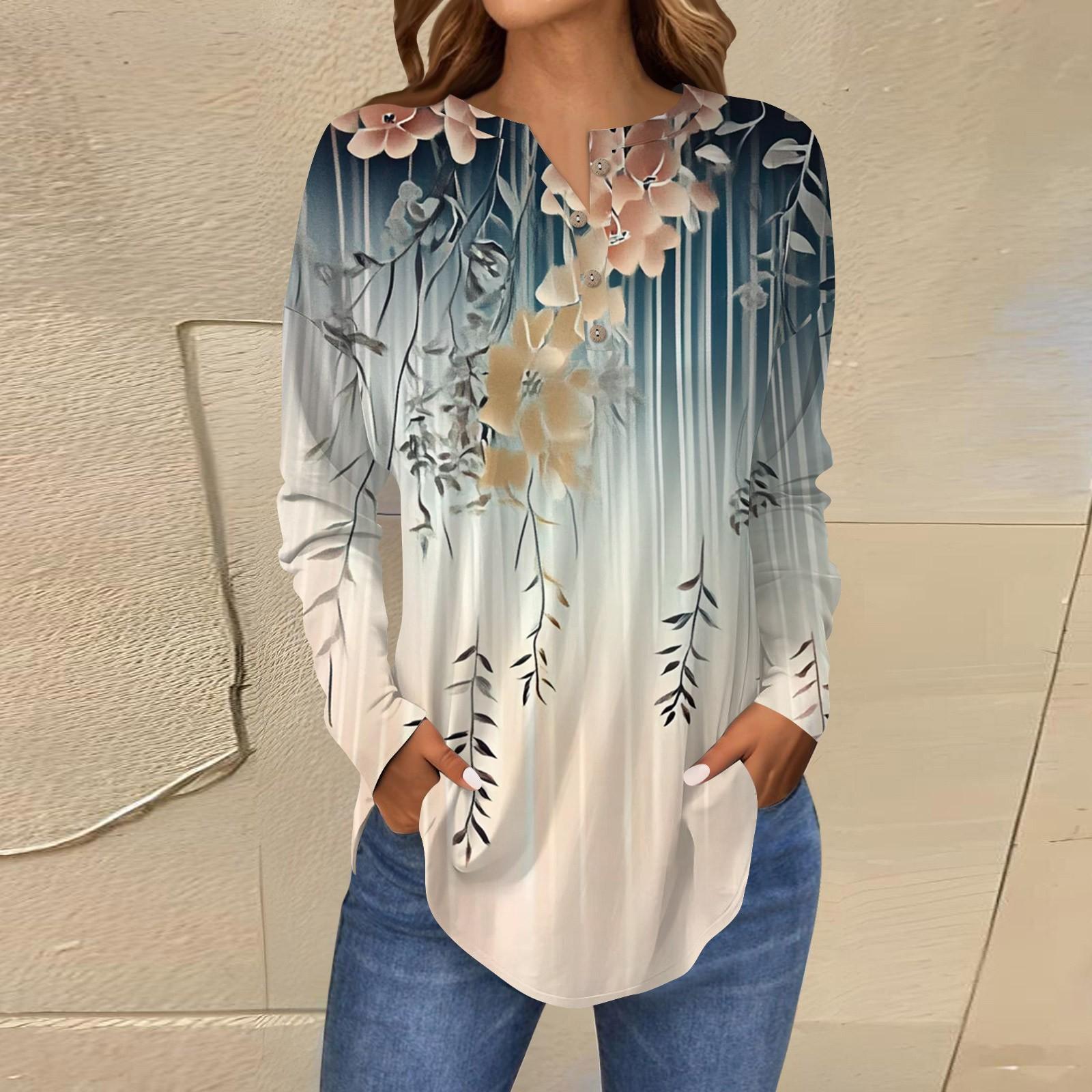 

Модная свободная футболка с длинным рукавом и цветочным принтом на пуговицах, топ-пуловер XL винный