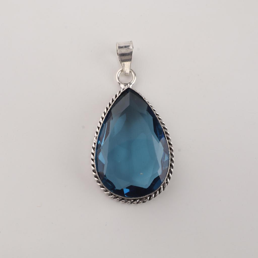 London Blue Topaz Gemstone Silver Pendant 1.8" , 925 Sterling Silver Jewelry, Handmade Stylish Pendant For Women PP-65-2