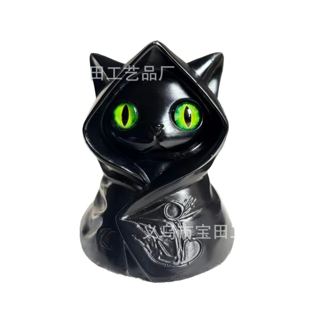 New Mysterious Hooded Cat Fiqurine Cloak Gothic Black Cat Statue