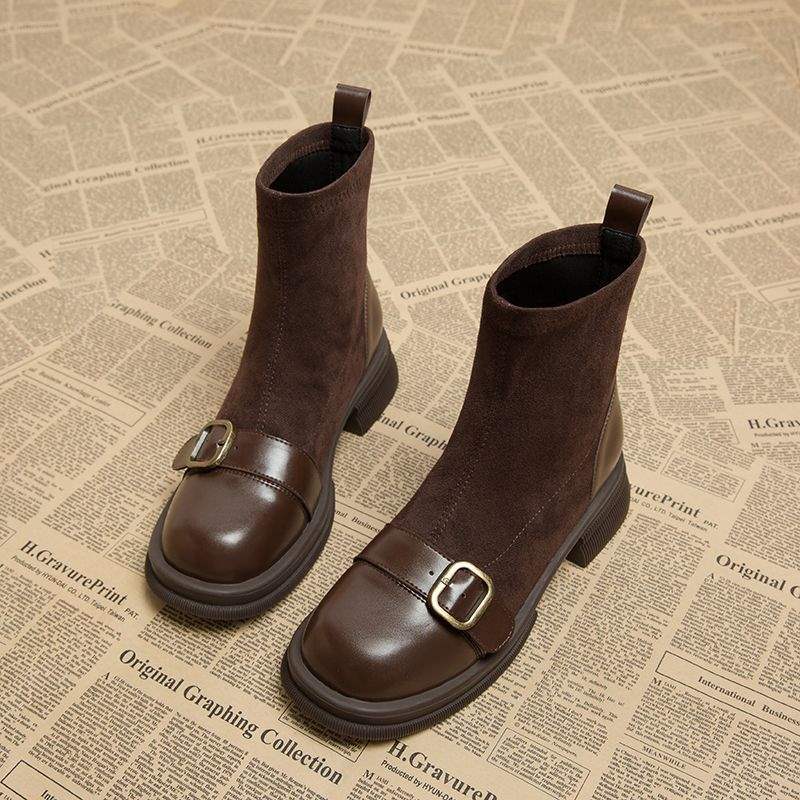 Temperament kurze Stiefel Damen Chelsea Boots 2025 Herbst und Winter neue elastische dünne Stiefel Sockenstiefel braune mittelhohe Stiefel Samt