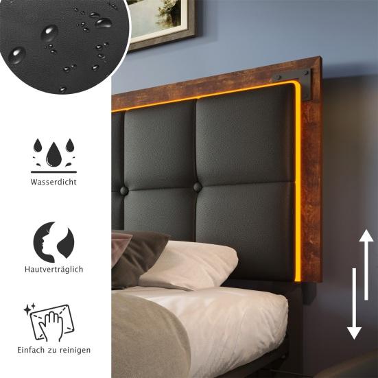 Bed Frame with LED Lighting Bar and 4 Drawers, Double Bed Upholstered Bed 140x200cm, Height-Adjustable Headboard, Functional Bed, Faux Leather Black