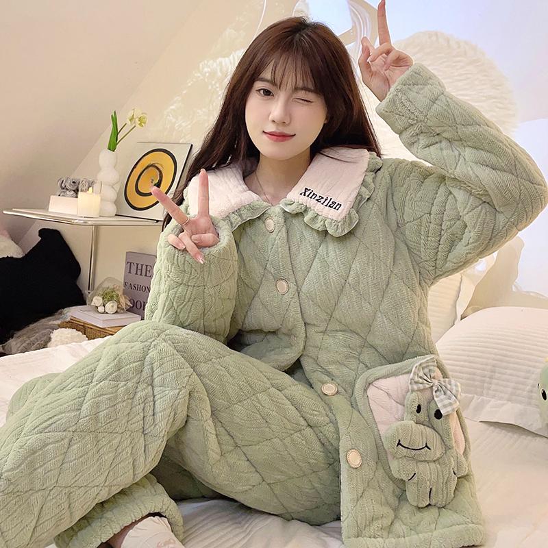 Winter Flannel Warm Nightwear for Young Girl Cardigan Lapel Pajamas Set Coral Fleece Warm Homewear Three-layer Pajamas Set
