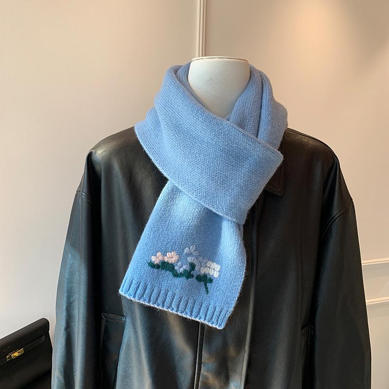 Korean 111 Embroidery Flowers Autumn and Winter Warm Premium Atmosphere Knitted Scarf Atmosphere Scarf