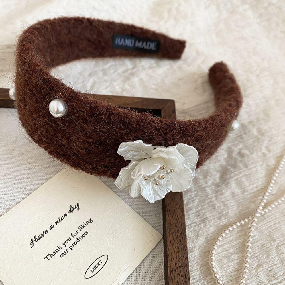 Sweet Floral Pearl Hair Hoop Korean Style Wide Edge Hairband Flocking Flower Headband  Lady
